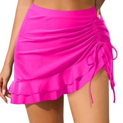 High Waisted Swim Skirt - Women Drawstring Ruched Bathing Suit Bottoms with Built-in Brief