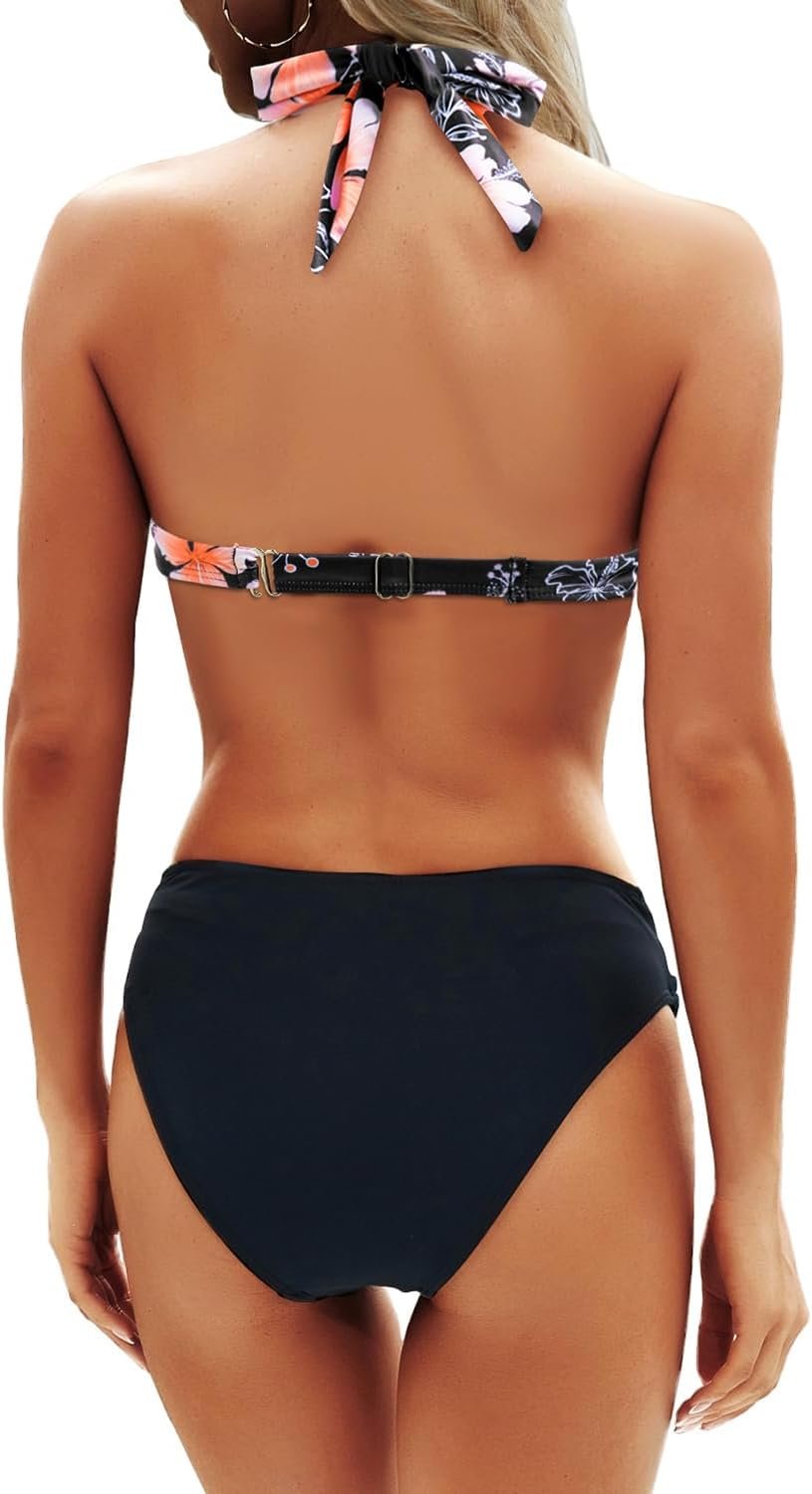 Women Two Piece Bathing Suits Push Up Bikini Set Halter Swimsuit Vintage Swimwear - Image 2