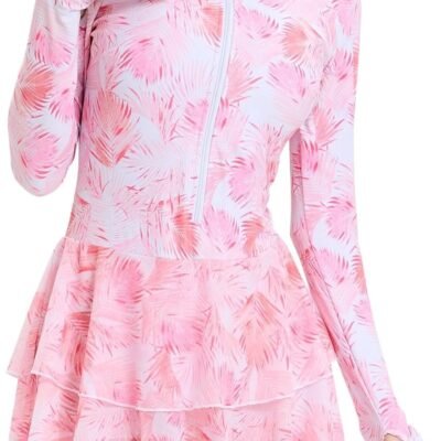 Womens Rash Guard Long Sleeve  Zip Up One Piece Swimsuits with Shorts Modest Swim Dress with Built in Bra