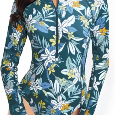 Women Long Sleeve Rash Guard One Piece Swimsuit Zipper Surfing Bathing Suit UPF 50
