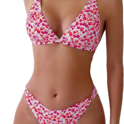 Women 2 Piece Floral Print Swimsuit Triangle String High Cut Bikini Sets Bathing Suit
