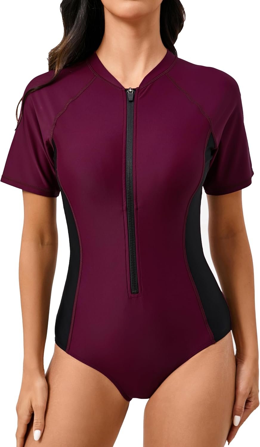 Women's Short Sleeve One Piece Rash Guard Swimsuit Zip Front UPF50+ Surfing Athletic Bathing Suit