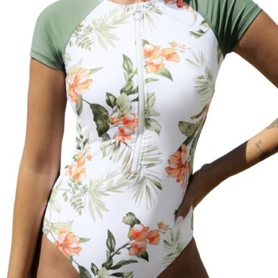 One Piece Swimsuit for Women Mock Neck Zipper Short Sleeve Bathing Suit