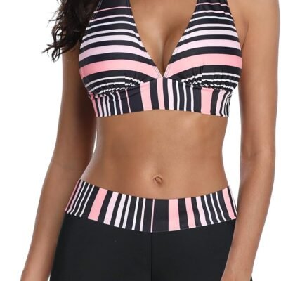 Boyshort Two Piece Swimsuits for Women - Modest Sporty Full Coverage Push Up Bikini Set Halter Bathing Suit for Beach