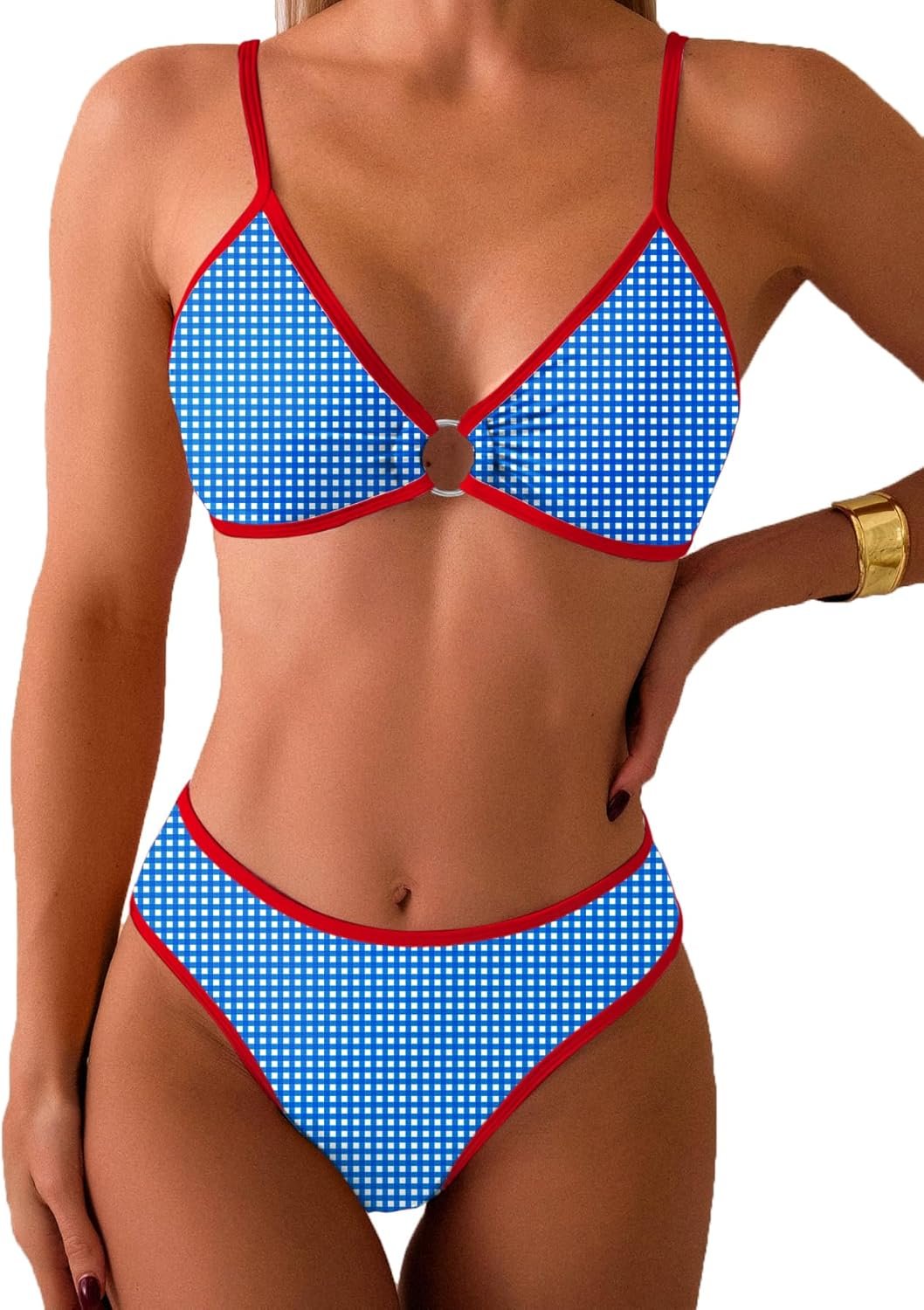 Women's Triangle Bikini Sets O Ring Linked Two Piece Swimsuits Floral Printed Cheeky Bathing Suit