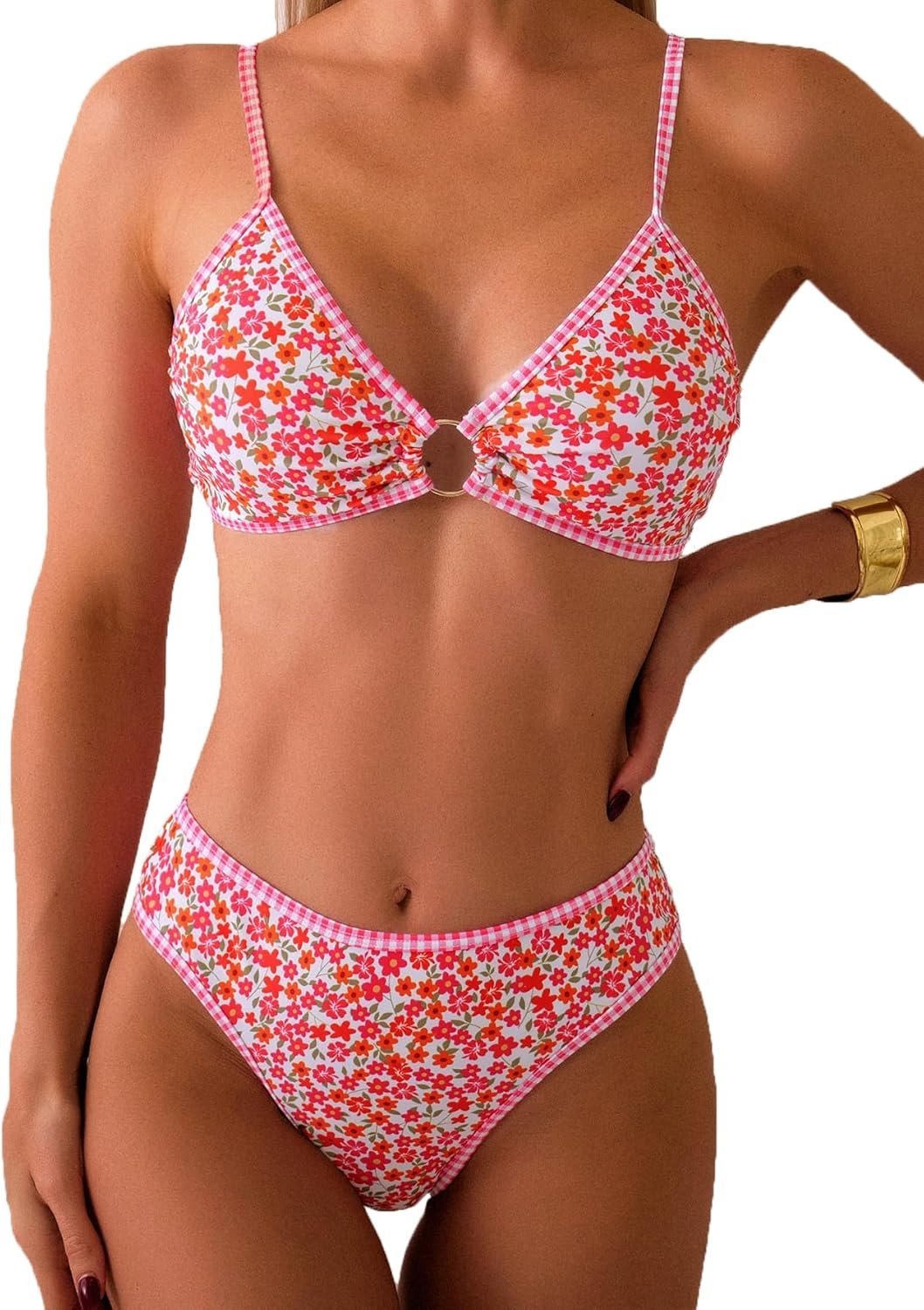 Women's Triangle Bikini Sets O Ring Linked Two Piece Swimsuits Floral Printed Cheeky Bathing Suit