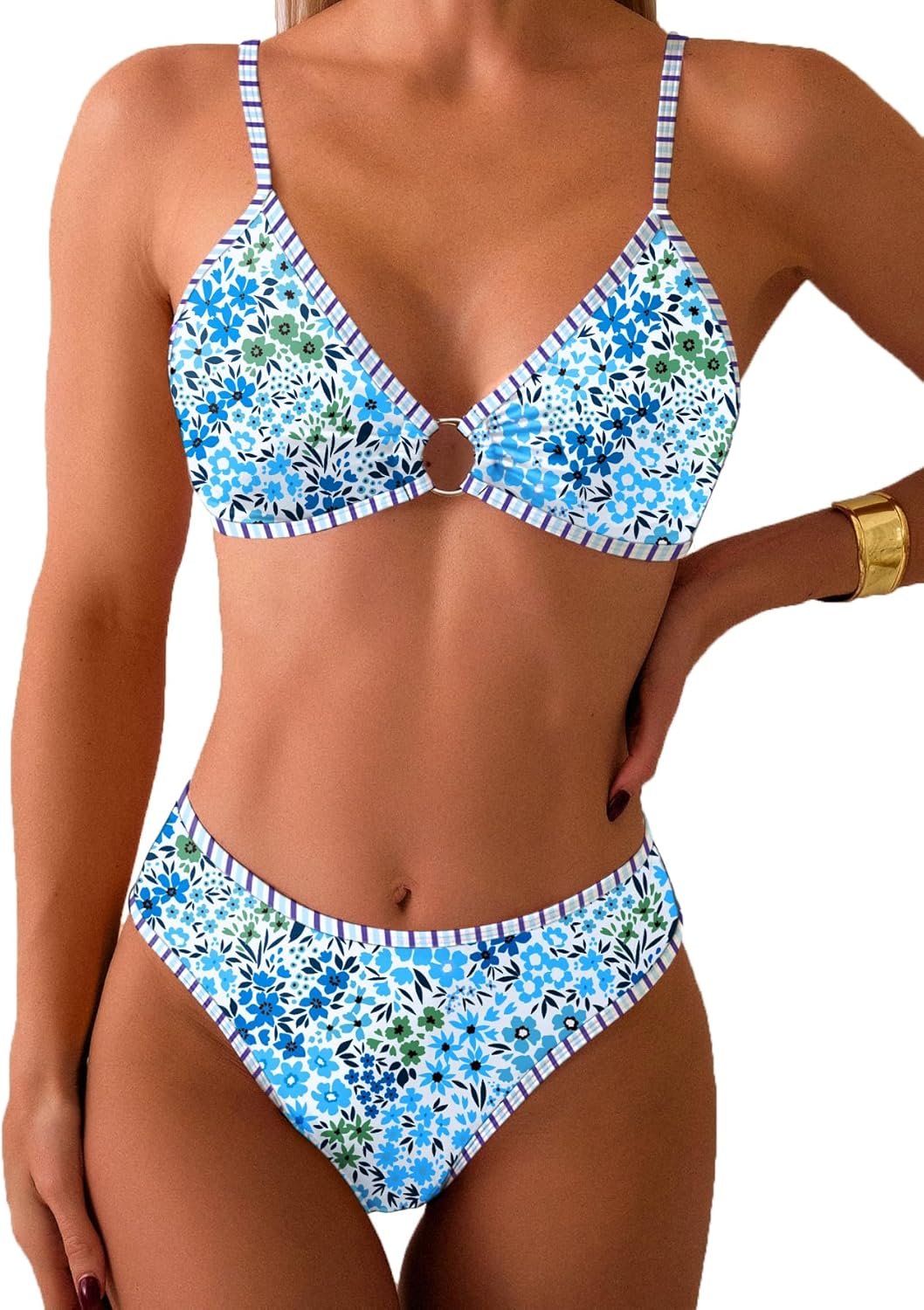 Women's Triangle Bikini Sets O Ring Linked Two Piece Swimsuits Floral Printed Cheeky Bathing Suit